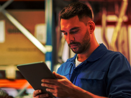 Business man looking down at his tablet in a warehouse setting.