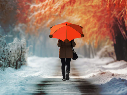 Person walking on cold day in winter through a road with umbrella and surrounded by white snow.