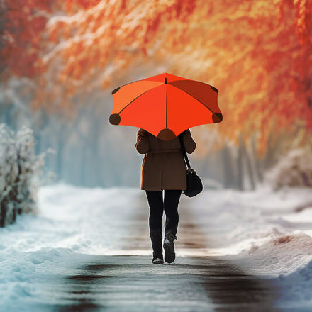 Person walking on cold day in winter through a road with umbrella and surrounded by white snow.