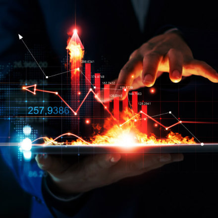 Business growth. Businessman holding tablet and a hot of fire glowing upright arrow with analysing data and economic growth graph. Strategy. Stock market. Financial and banking. Digital marketing.