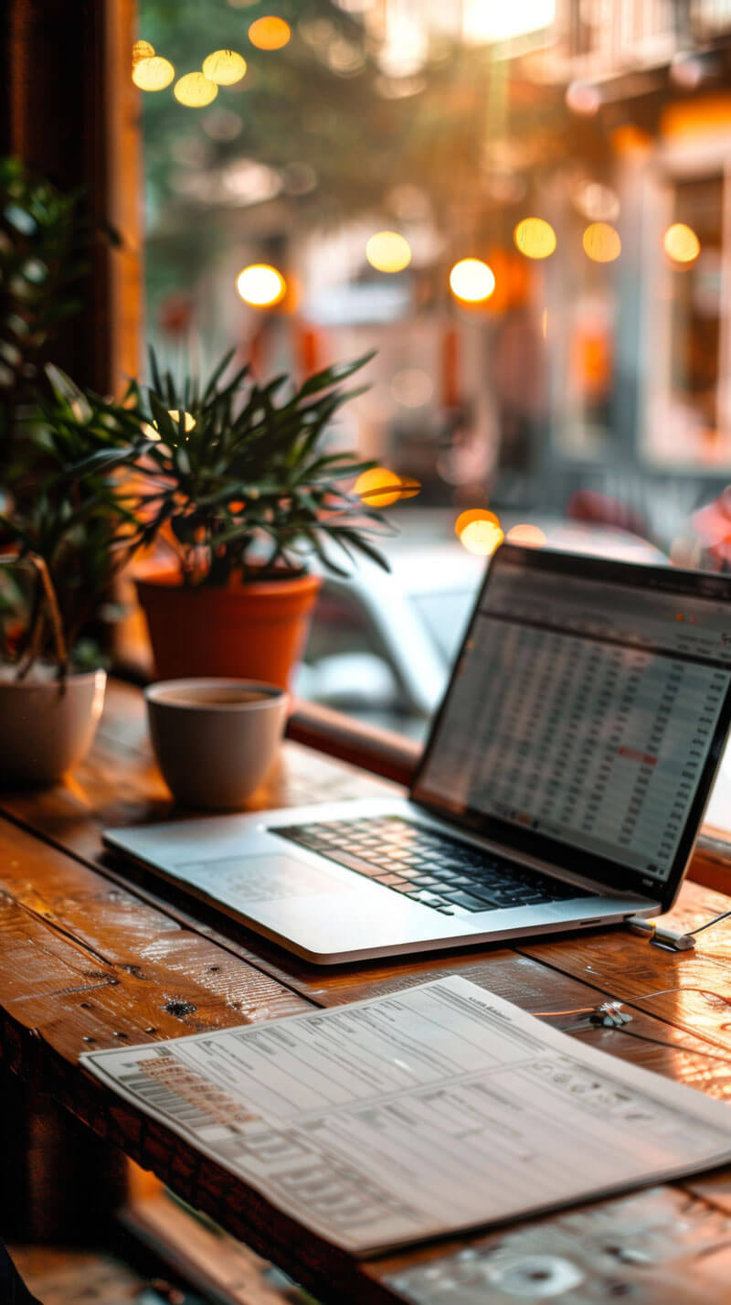 Laptop computer sitting on a wooden table with a plant in a pot