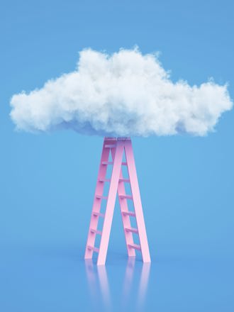 Pink ladder underneath a fluffy white cloud in light blue setting