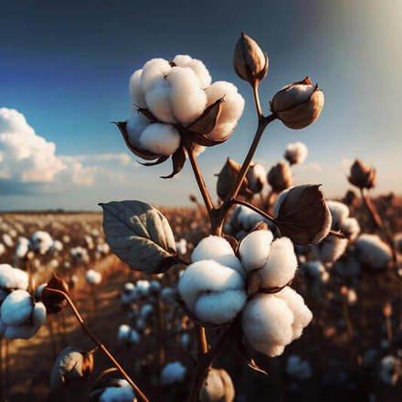 Cotton balls are prominently displayed on the plant in the foreground, with a vast field of cotton stretching out towards the horizon.