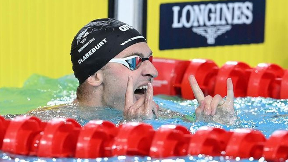 Lewis Clareburt after coming first in his race at the 2022 Commonwealth Games in Birmingham. 