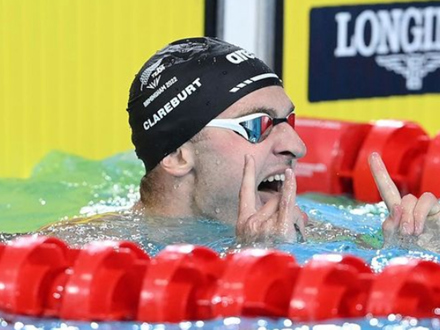 Lewis Clareburt after coming first in his race at the 2022 Commonwealth Games in Birmingham. 