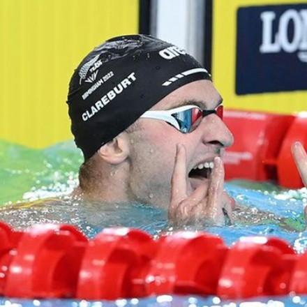 Lewis Clareburt after coming first in his race at the 2022 Commonwealth Games in Birmingham. 