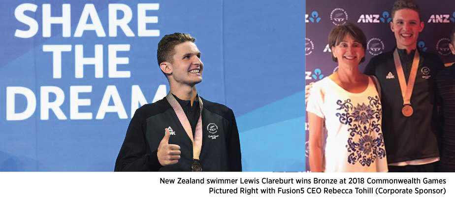 New Zealand swimmer Lewis Clareburt wins Bronze at 2018 Commonwealth Games. Pictured right with Fusion5 CEO Rebecca Tohill (Corporate Sponsor) 