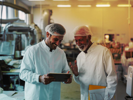 Two cheerful male colleagues in sterile clothes standing in food factory and looking at sales documents on digital tablet.