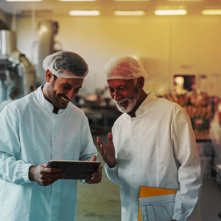 Two cheerful male colleagues in sterile clothes standing in food factory and looking at sales documents on digital tablet.