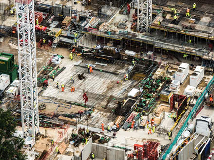 Top view shot of a busy construction site. 