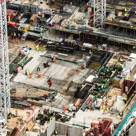 Top view shot of a busy construction site. 