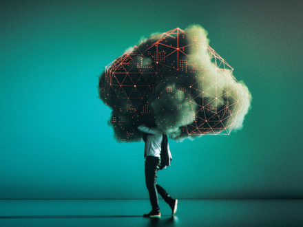 A person walking, carrying a large cloud on their back. The cloud is embedded with a digital geometric pattern that glows, set against a teal background. The scene conveys a sense of blending technology and nature.