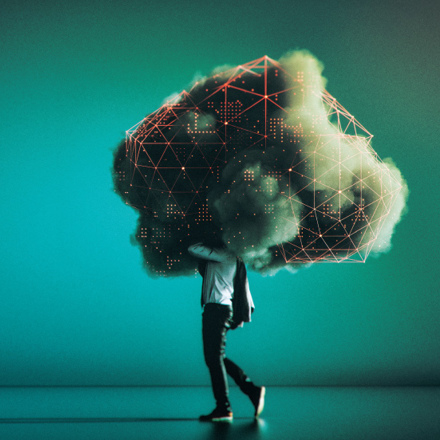 A person walking, carrying a large cloud on their back. The cloud is embedded with a digital geometric pattern that glows, set against a teal background. The scene conveys a sense of blending technology and nature.