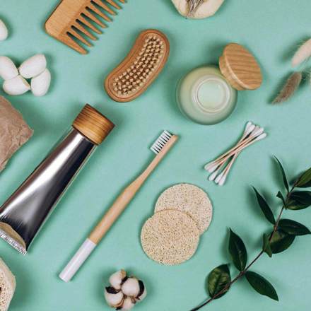 Zero waste cosmetics. Travel set. Flat lay style.