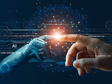 AI, Machine learning, Hands of robot and human touching on big data network connection background, Science and artificial intelligence technology, innovation and futuristic.