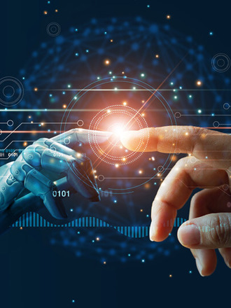 AI, Machine learning, Hands of robot and human touching on big data network connection background, Science and artificial intelligence technology, innovation and futuristic.