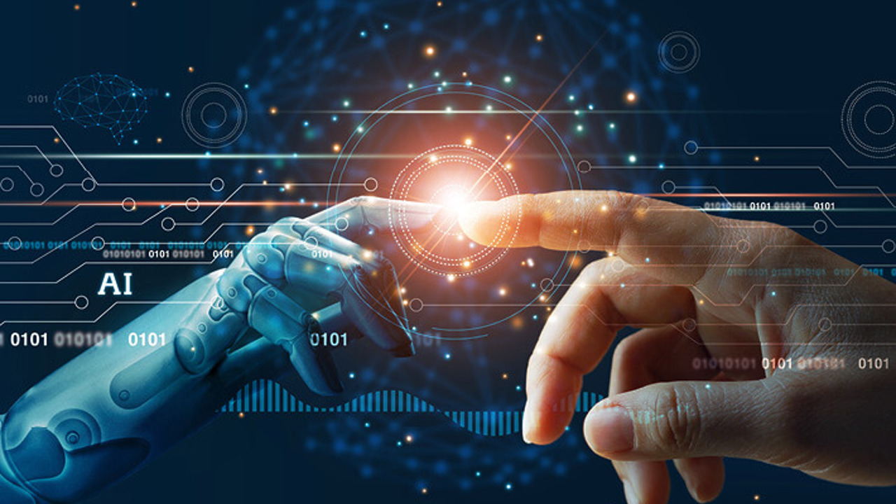 AI, Machine learning, Hands of robot and human touching on big data network connection background, Science and artificial intelligence technology, innovation and futuristic.