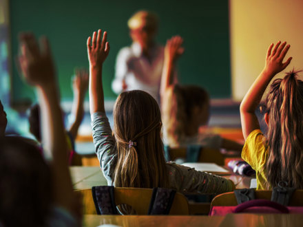 Back view of elementary students raising their arms on a class.