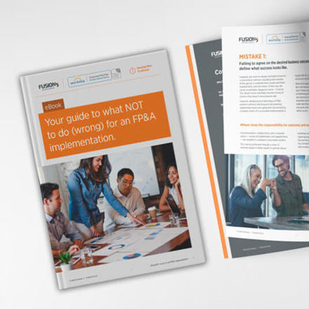 An image of an open eBook titled 'Your guide to what NOT to do (wrong) for an FPandA implementation.' The cover shows people discussing at a table with documents. Inside pages discuss common FP&amp;A mistakes with text and images.