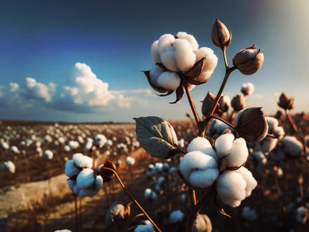 Cotton balls are prominently displayed on the plant in the foreground, with a vast field of cotton stretching out towards the horizon.