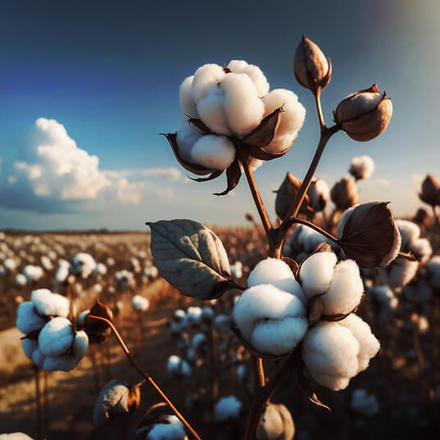 Cotton balls are prominently displayed on the plant in the foreground, with a vast field of cotton stretching out towards the horizon.