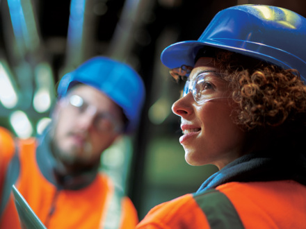 Two co-working in the boiler room, wearing high viz jackets. Female in foreground, looking over her shoulder.