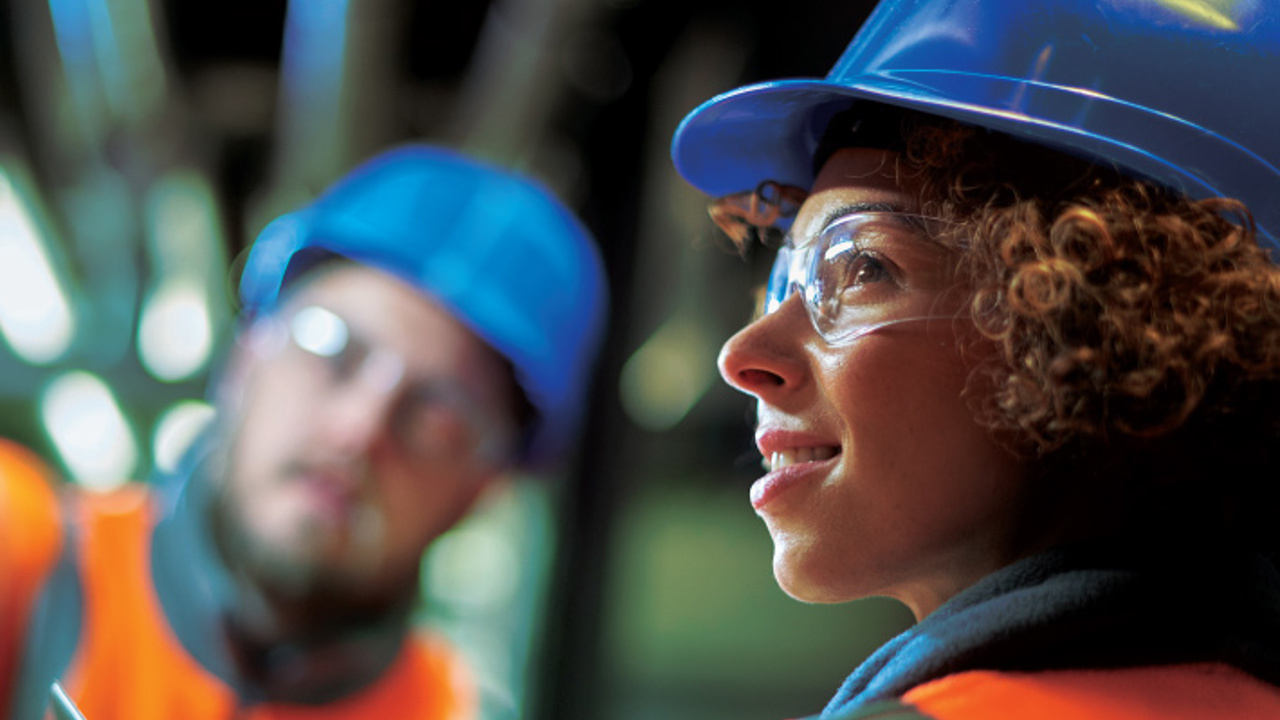 Two co-working in the boiler room, wearing high viz jackets. Female in foreground, looking over her shoulder.