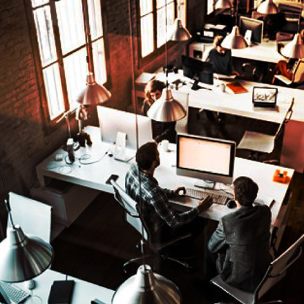 Top view of workers in an open plan office