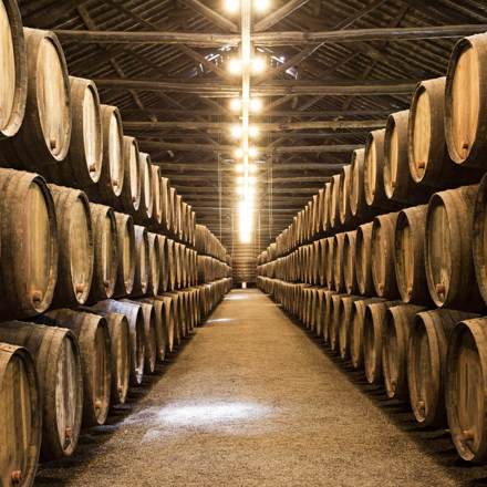 A dimly lit warehouse with wooden barrels stacked in neat rows on either side of a central aisle. The barrels rest on wooden supports, indicating storage of liquids such as wine or spirits. The ceiling features exposed beams and overhead lighting.