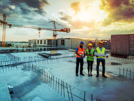 Three construction managers standing on a building site, with the sun setting in the background.