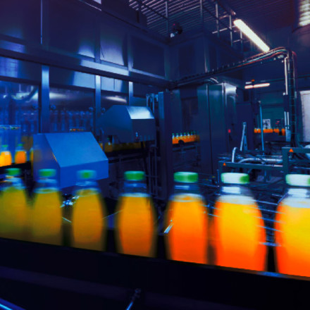 Bottles of orange juice in the manufacturing process.