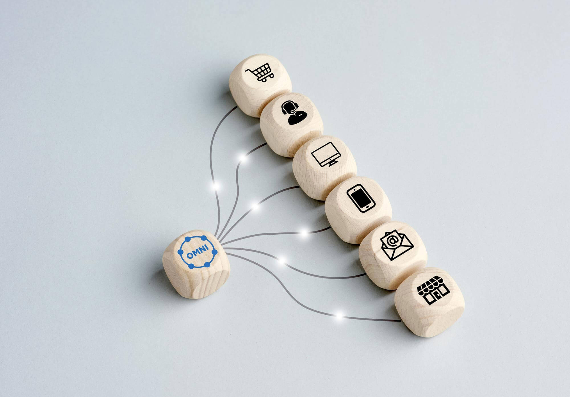 Omnichannel marketing business strategy concept. Digital online marketing and customer engagement by integrated channels. Wooden cubes linked with transfer communication lines.