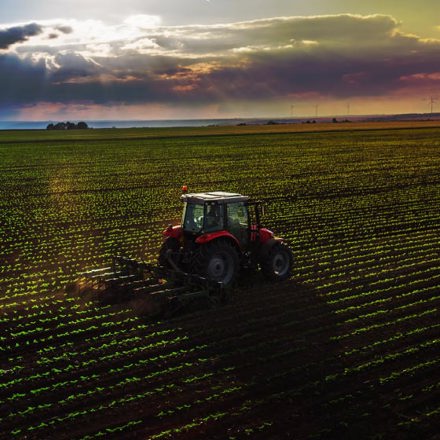 Tractor cultivating field at spring