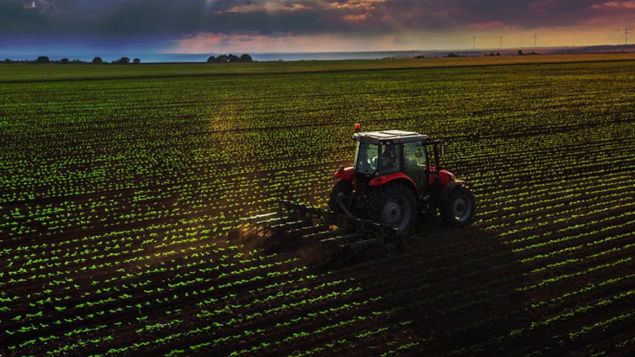 Tractor cultivating field at spring