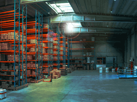 A spacious warehouse with high ceilings, featuring shelves stacked with boxes on the left and open floor space on the right. Sunlight streams in through a skylight, illuminating the scene.