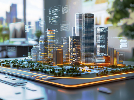 A futuristic 3D model of a city skyline on a table, illuminated with orange and blue lights, surrounded by digital graphics and data overlays. The scene is set in a modern, well-lit office space with a blurred city view in the background.