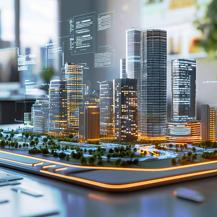 A futuristic 3D model of a city skyline on a table, illuminated with orange and blue lights, surrounded by digital graphics and data overlays. The scene is set in a modern, well-lit office space with a blurred city view in the background.