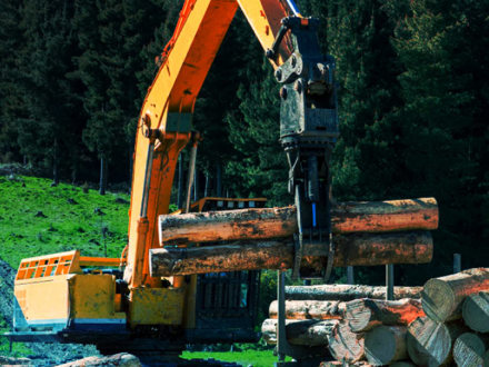 Forestry yellow digger grabbing two logs for processing.