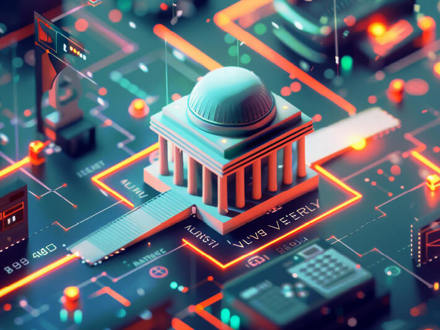 A digital illustration of a neoclassical building with columns and a domed roof, set in a futuristic circuit board environment. Neon lights and electronic components surround the structure, giving it a techno-urban aesthetic.