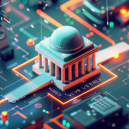 A digital illustration of a neoclassical building with columns and a domed roof, set in a futuristic circuit board environment. Neon lights and electronic components surround the structure, giving it a techno-urban aesthetic.