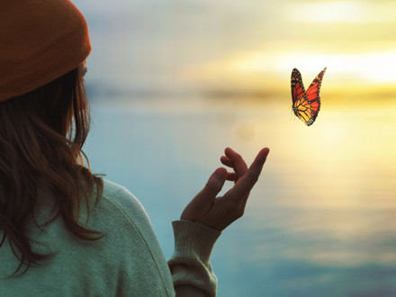 colourful butterfly is laying on a woman's hand