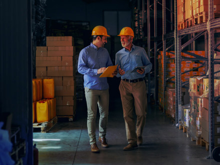 Two business partners in formal wear and with protective yellow helmets on heads walking and talking about business. Younger one holding folder with data while older one using tablet.