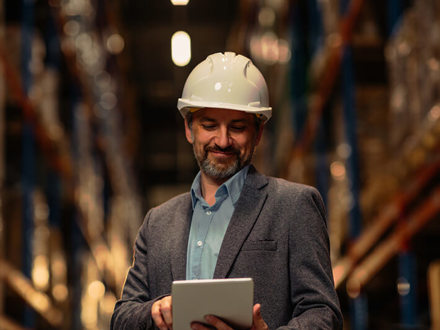 Young businessman in factory using digital tablet.