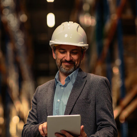 Young businessman in factory using digital tablet.