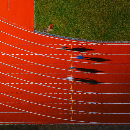 Aerial view of four runners sprinting on a red athletics track. Their shadows stretch to the right, and the green grass outside the track borders the image at the top. White lane markings are clearly visible.