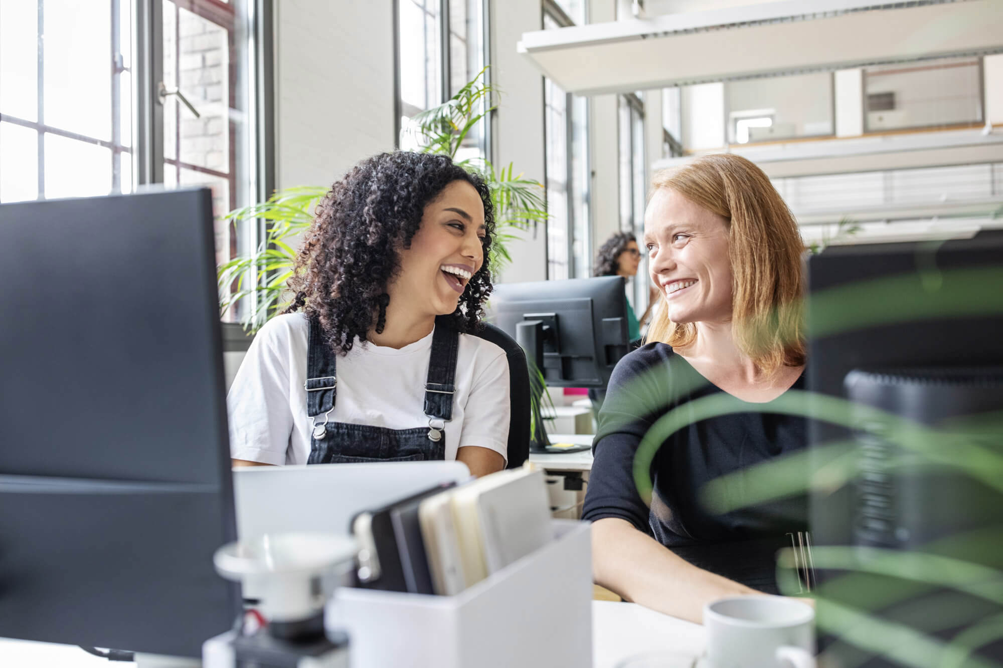 Two women sitting at desks, smiling and talking to each other in a bright office. They appear relaxed and friendly. The space is modern with large windows and green plants. Office supplies are visible on the desks.