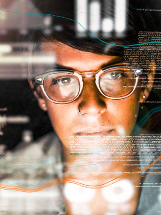 A person wearing glasses looks at a computer screen displaying overlapping lines of code. The image suggests focus and concentration, with a blend of digital and human elements.