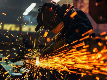 A person wearing protective gear operates a welding tool, sending a shower of bright orange sparks through the air in a dimly lit workshop.