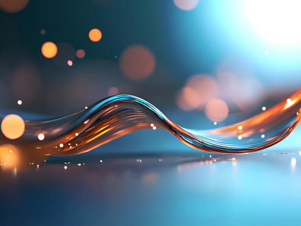 A luminous abstract wave with intertwined blue and orange lines set against a soft-focus background with glowing bokeh lights. The overall atmosphere is ethereal and dynamic.