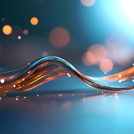 A luminous abstract wave with intertwined blue and orange lines set against a soft-focus background with glowing bokeh lights. The overall atmosphere is ethereal and dynamic.